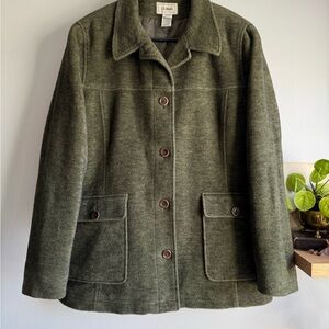 L.L.BEAN WOOL VTG 90's XL Shacket Chore Coat Military Green Four Pockets